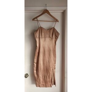 VTG MAXIMA Satin Slip Midi Dress Rose‎ Gold Spaghetti Strap Side Slit L Y2K